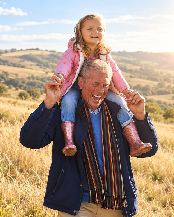 A smiling grandfather carrying his granddaughter on his shoulders on a sunny walk